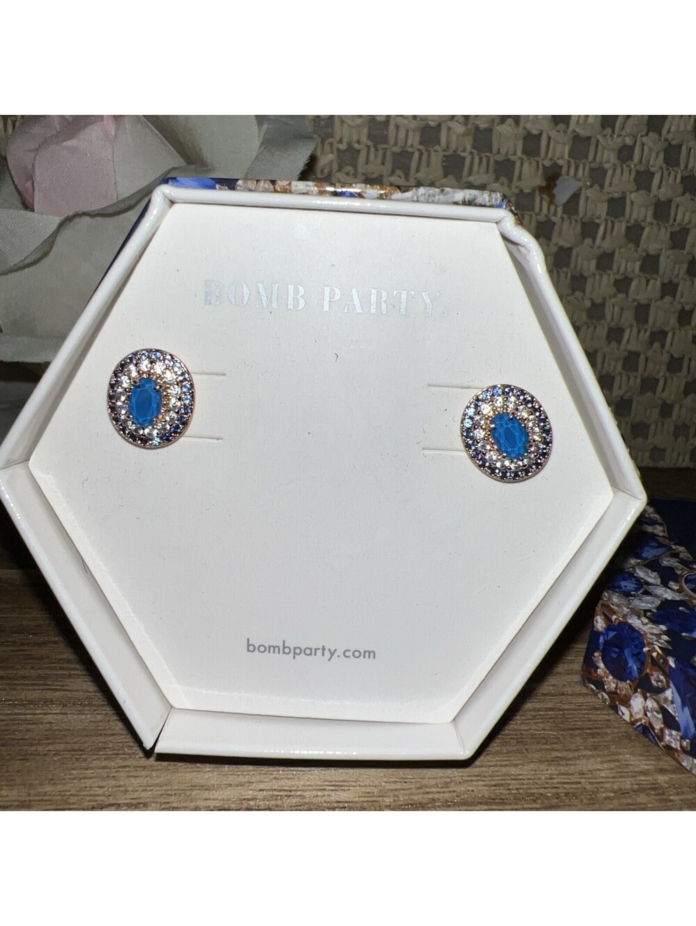 Bomb Party September Earrings Studs. So Surreal. Sapphire. Rose Gold Plating.